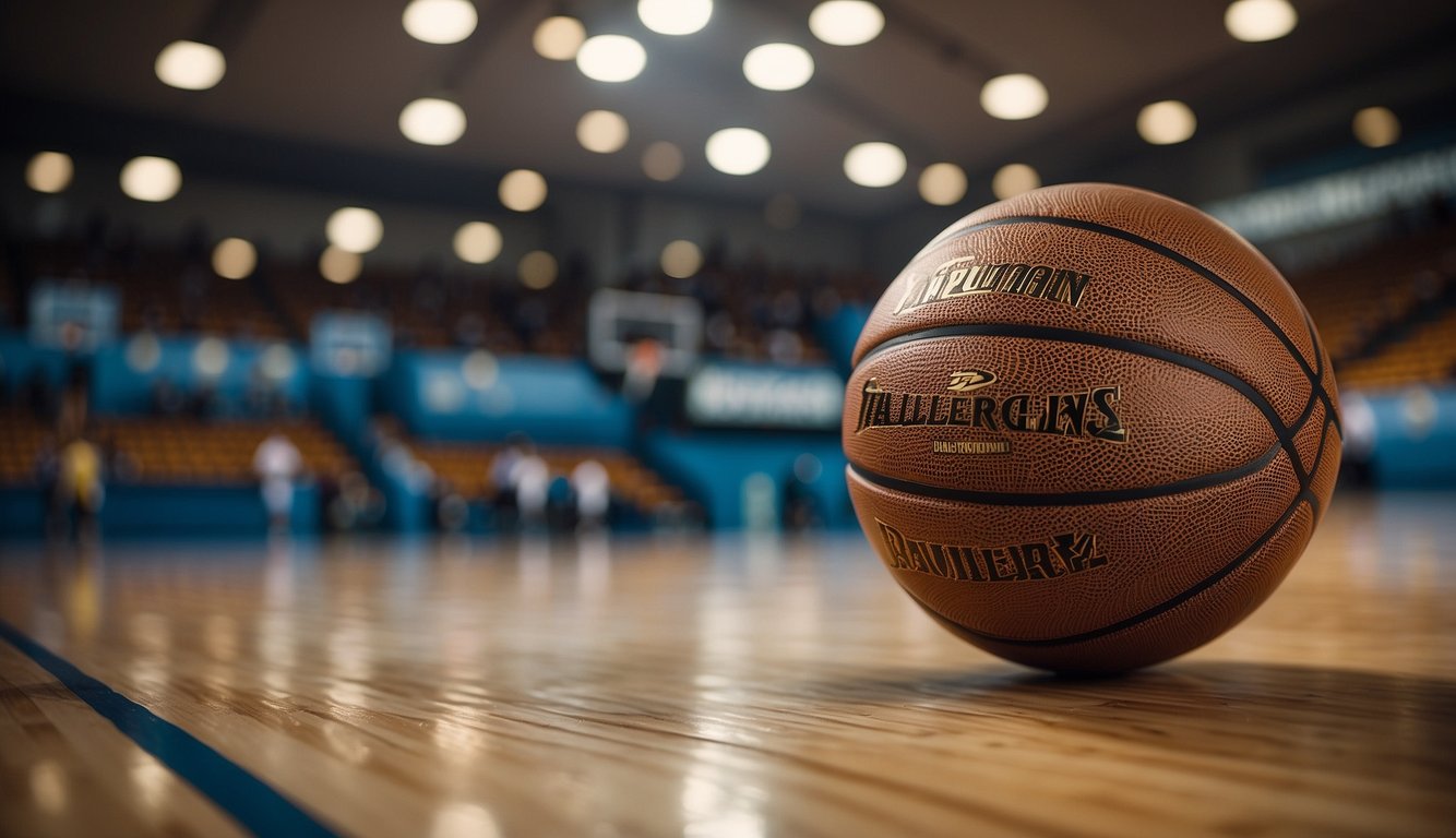 A basketball sitting on a court, surrounded by motivational quotes in bold lettering