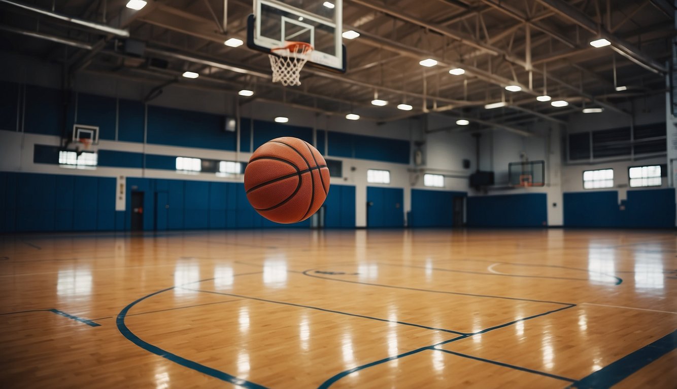 A basketball court features a rectangular playing surface with marked boundaries, a hoop at each end, and lines for free throw, three-point, and half-court shots