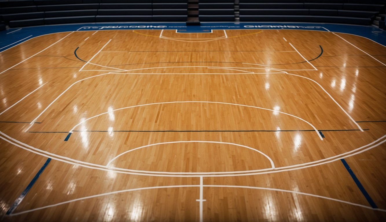 A basketball court with two hoops, free-throw lines, and three-point lines. The court is marked with boundaries and center circle