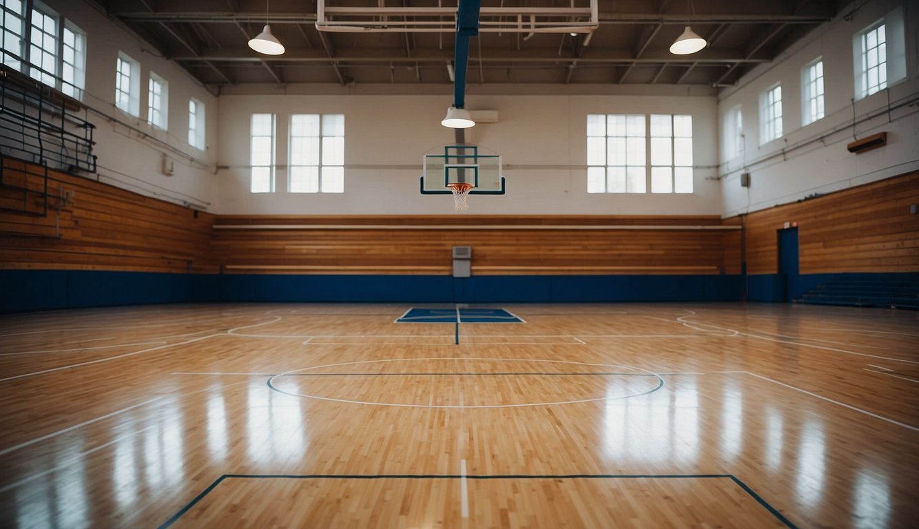 A basketball court with two hoops, painted lines, and wooden or synthetic flooring. The court is surrounded by a fence or wall, with seating for spectators