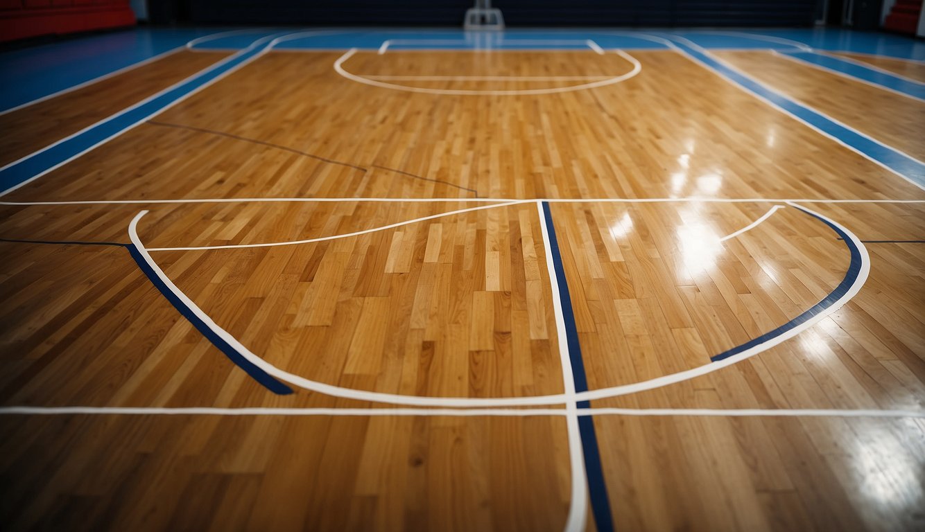 A regulation basketball court has a rectangular shape with a hardwood surface, two hoops at opposite ends, and various lines marking boundaries and key areas