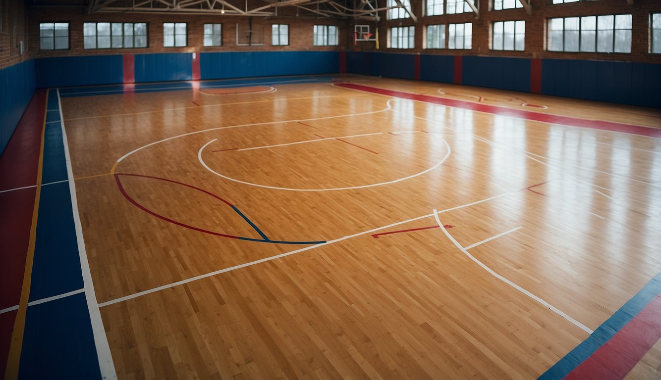 A basketball court features a rectangular surface with marked boundaries, a hoop at each end, and a center circle. The surface is typically made of wood or synthetic material, with colorful lines and logos