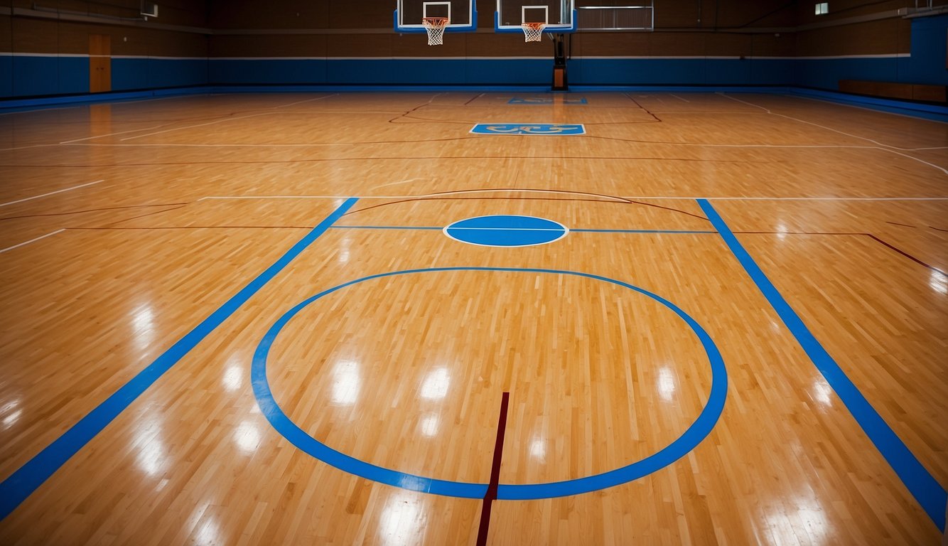 A basketball court features a rectangular shape with two hoops at opposite ends, a center circle, and three-point lines. The court surface is typically made of hardwood or synthetic material, with boundary lines and key markings