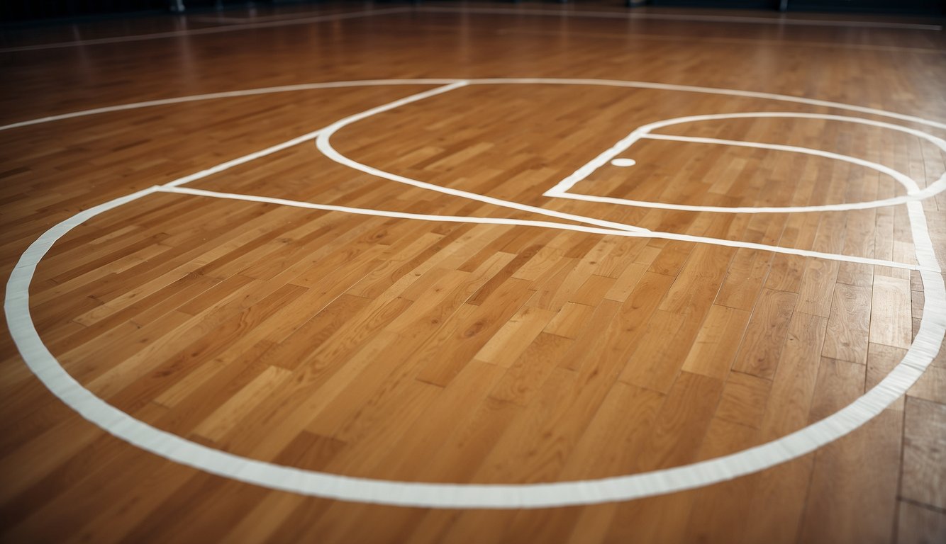 A basketball court features two hoops, a center circle, and three-point lines. The court is rectangular with hardwood flooring and boundary lines