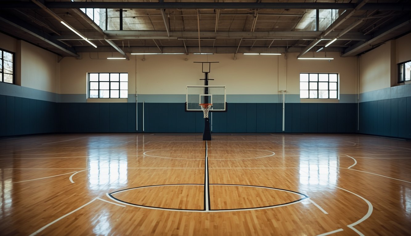 A basketball court with two hoops, free-throw lines, and three-point lines. The court is marked with boundary lines and a center circle