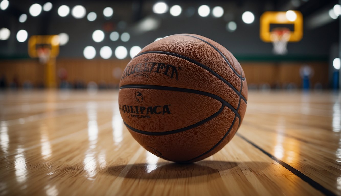 A basketball court with marked boundaries, hoop at each end, and a wooden or synthetic surface with a glossy finish