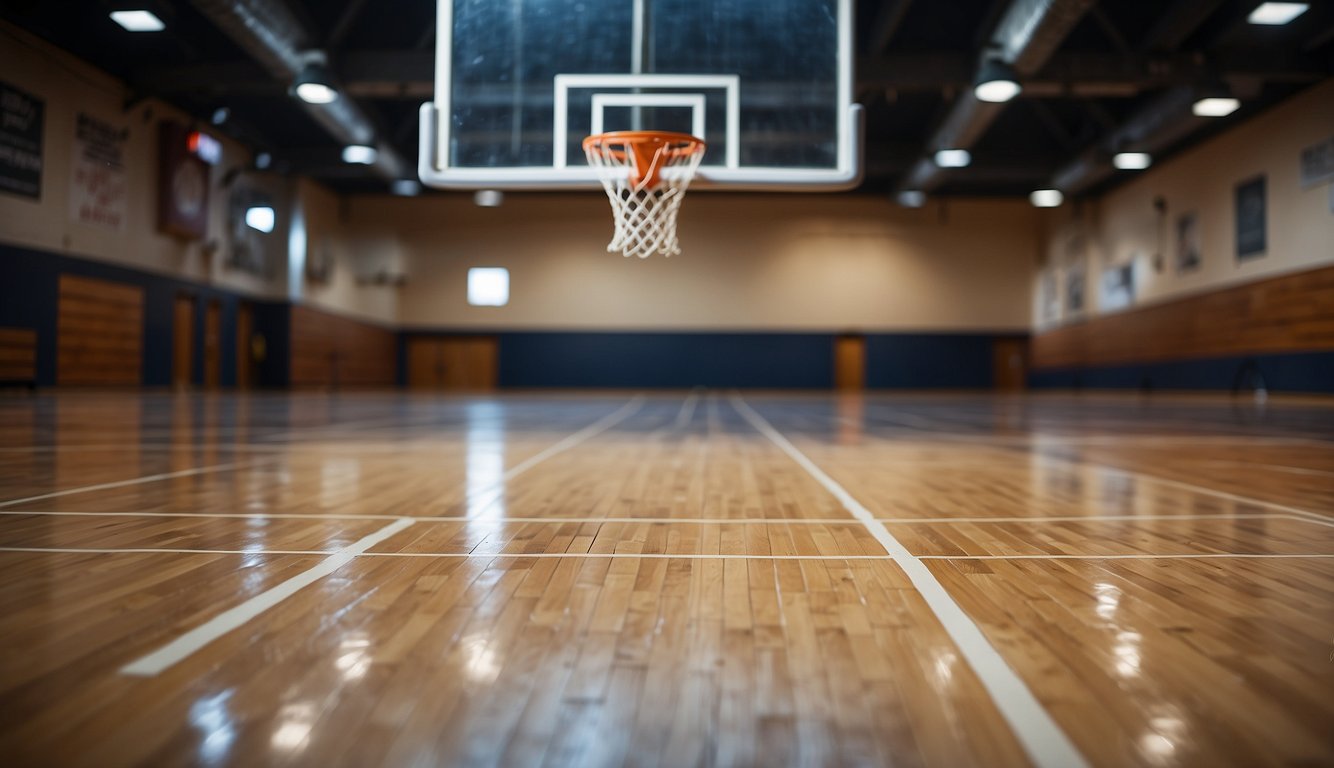 A basketball court with regulation dimensions, hardwood floor, painted lines, and backboards with rims at each end