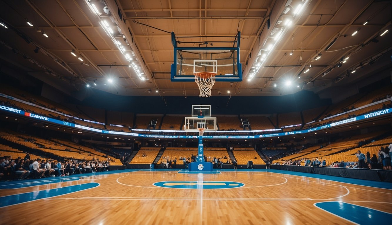 A vibrant basketball court with bold lines, hoops, and colorful team logos, surrounded by eager fans and players