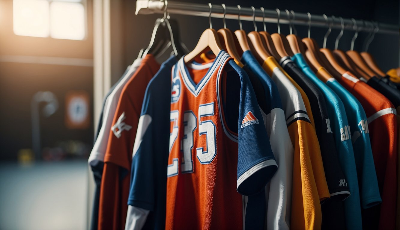 A basketball jersey hangs on a hanger, size tag visible