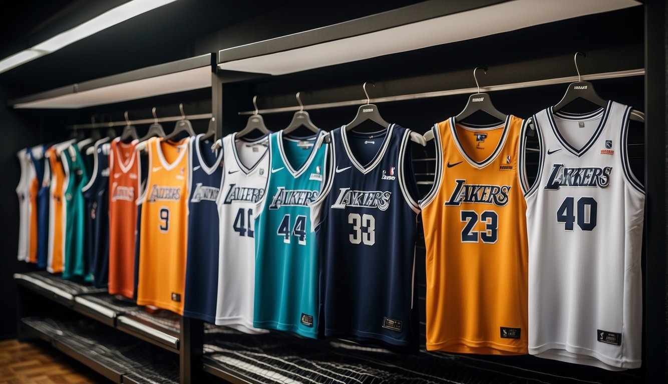 Customized basketball jerseys in various sizes displayed on racks