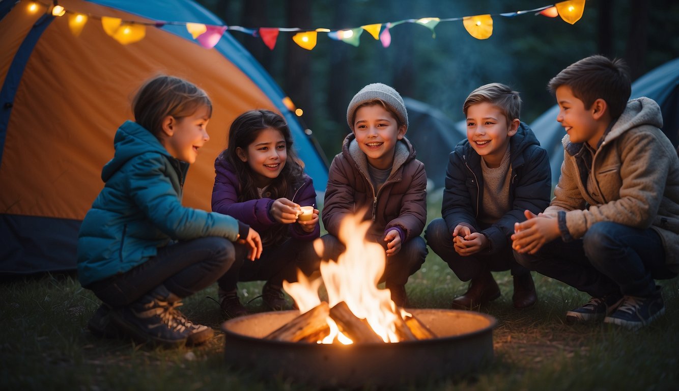 A group of kids gather around a campfire, roasting marshmallows and laughing. Tents are pitched in the background, and a banner reads "Wild Games Birthday Party."