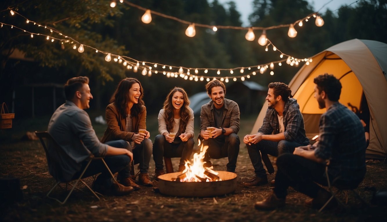 A roaring campfire surrounded by tents, with string lights draped between trees. A group of friends laughing and toasting marshmallows