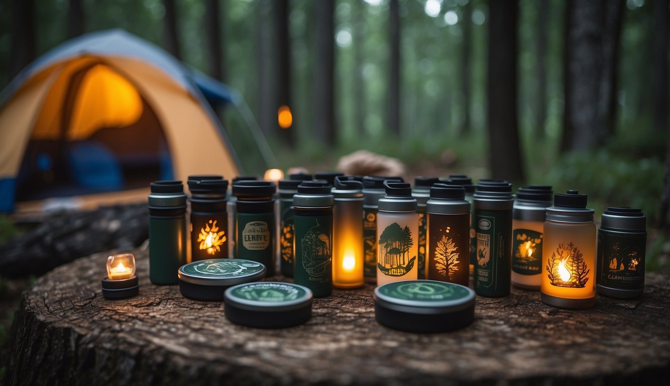 A table displays camping party favors: mini flashlights, compasses, and nature-themed stickers. A backdrop of trees and a campfire completes the scene