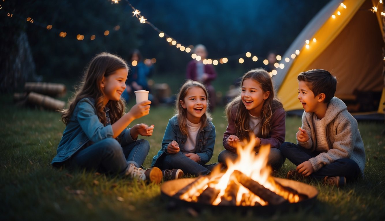 A group of children gather around a campfire, roasting marshmallows and singing songs. Tents are pitched in the background, with twinkling fairy lights adding a magical touch to the outdoor birthday celebration