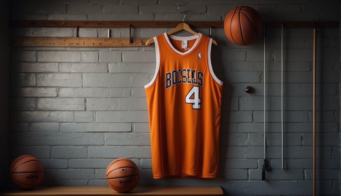 A basketball jersey hanging on a hanger, with a measuring tape draped over it, and a size chart displayed nearby