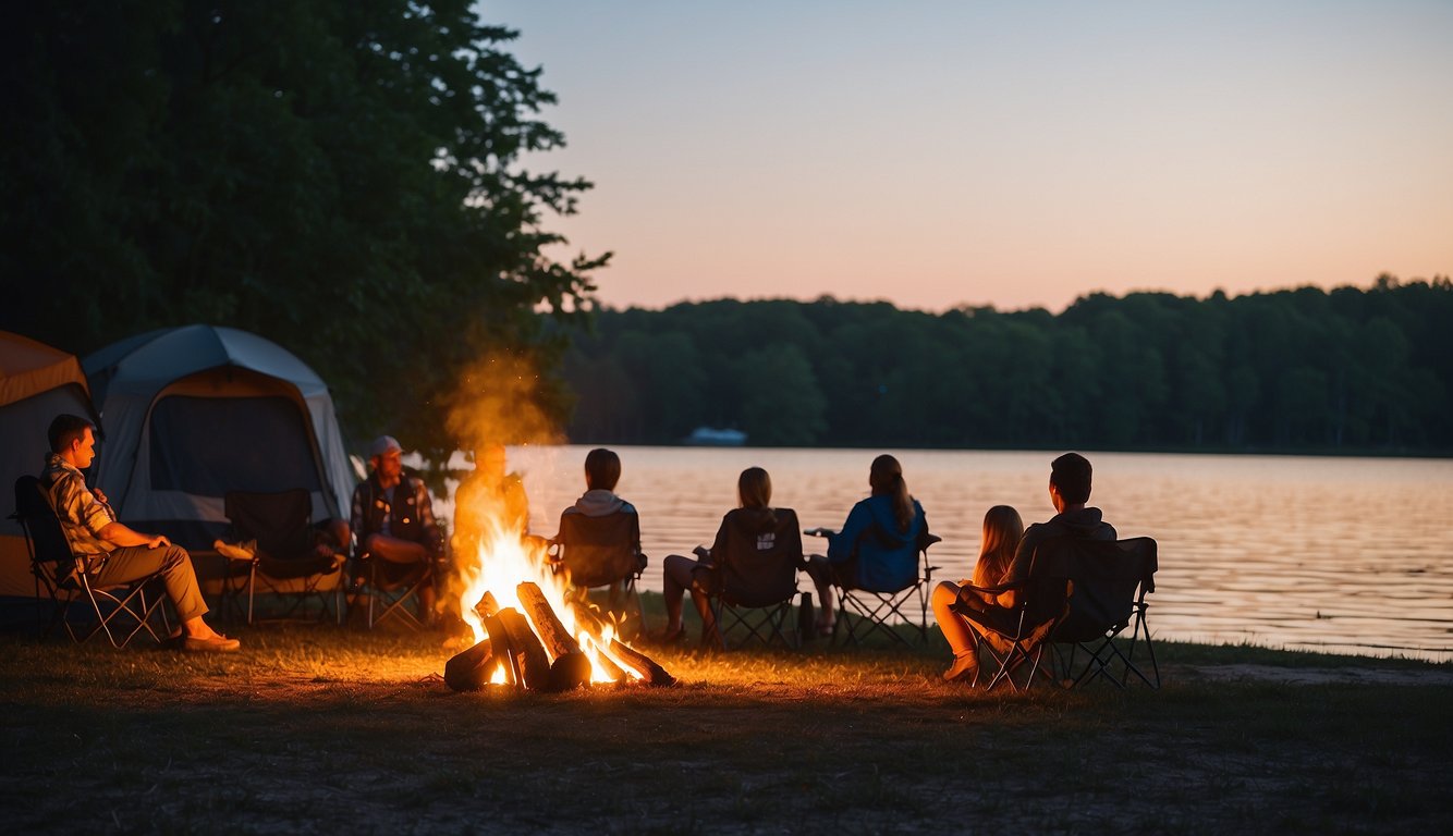 A campfire crackles at dusk by Rend Lake, Illinois. Tents and RVs dot the lakeshore, as families gather for a night of outdoor adventure