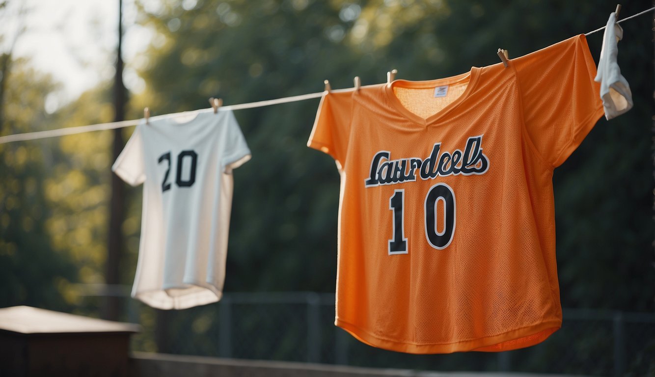 A basketball jersey being gently washed in a basin of soapy water, then carefully hung up to air dry on a clothesline