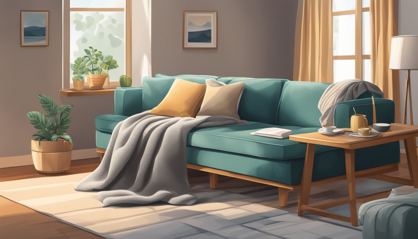 A sofa bed unfolded in a cozy living room, with soft pillows and a warm throw blanket