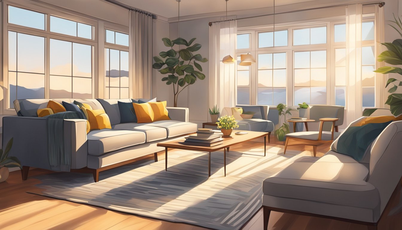 A cozy living room with a sleek, modern sofa that effortlessly transforms into a comfortable bed. Sunlight streams through the window, casting a warm glow on the inviting piece of furniture
