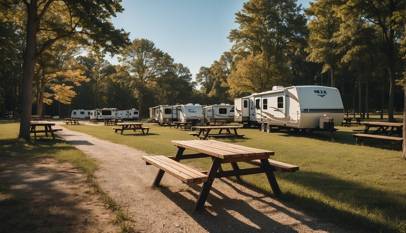 The campground at Rend Lake, Illinois features amenities like picnic tables, fire pits, and clean restroom facilities