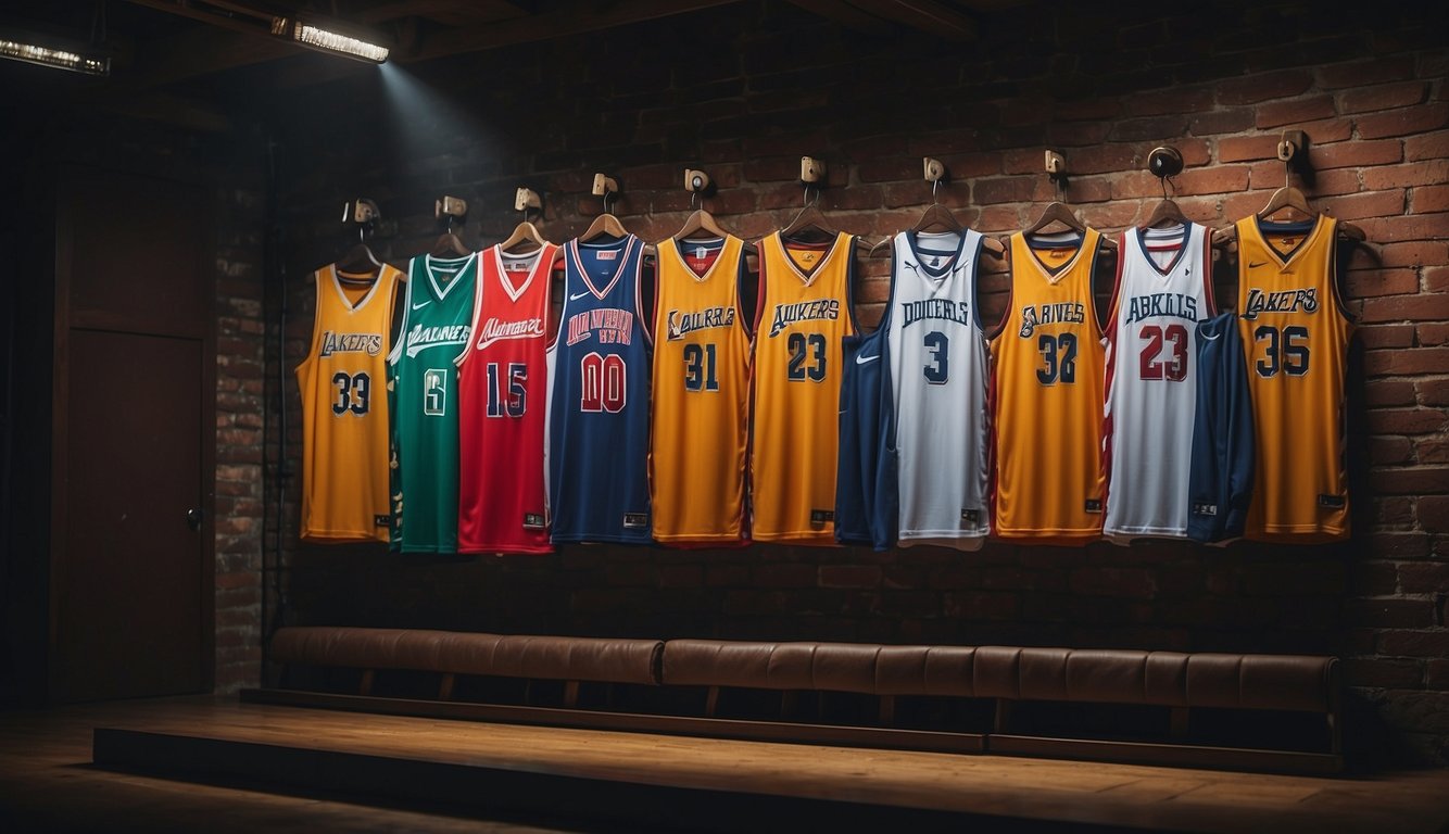 A basketball jersey size chart with various sizes displayed on a wall