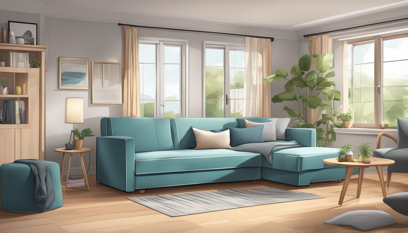 A living room with a stylish sofa bed folded out to reveal a comfortable sleeping area, while still leaving plenty of space for other furniture and activities