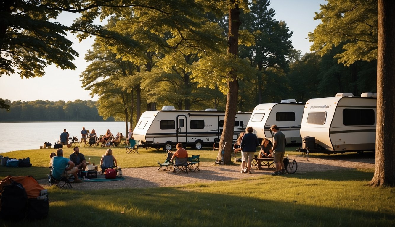 Campers setting up tents and RVs by the tranquil shores of Rend Lake, Illinois. Trees and grassy areas surround the camping site, with families and friends enjoying the outdoor activities