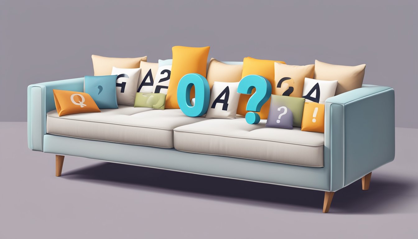 A modern sofa bed surrounded by question marks and a FAQ sign