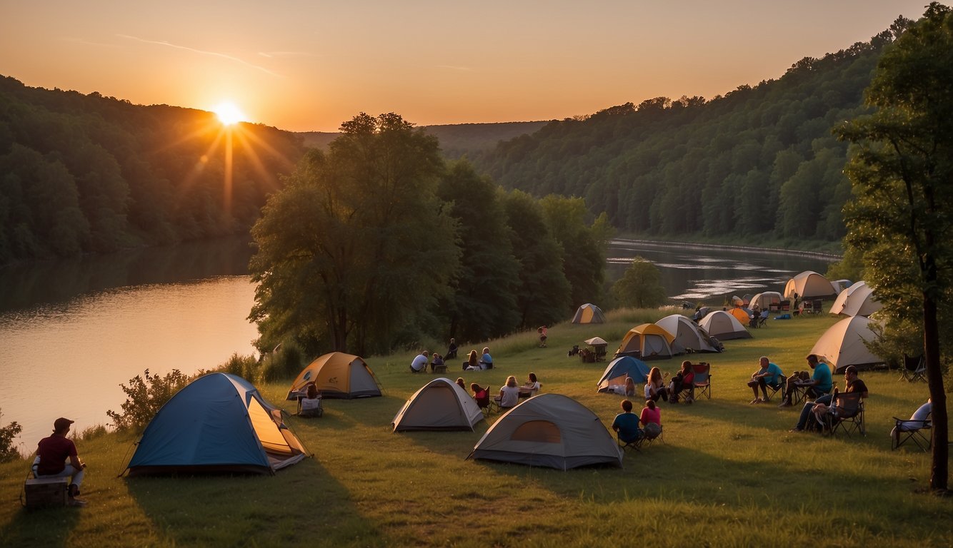 Sunset at Leasburg Dam State Park, tents pitched along the river, campfires glowing, and families enjoying the outdoors