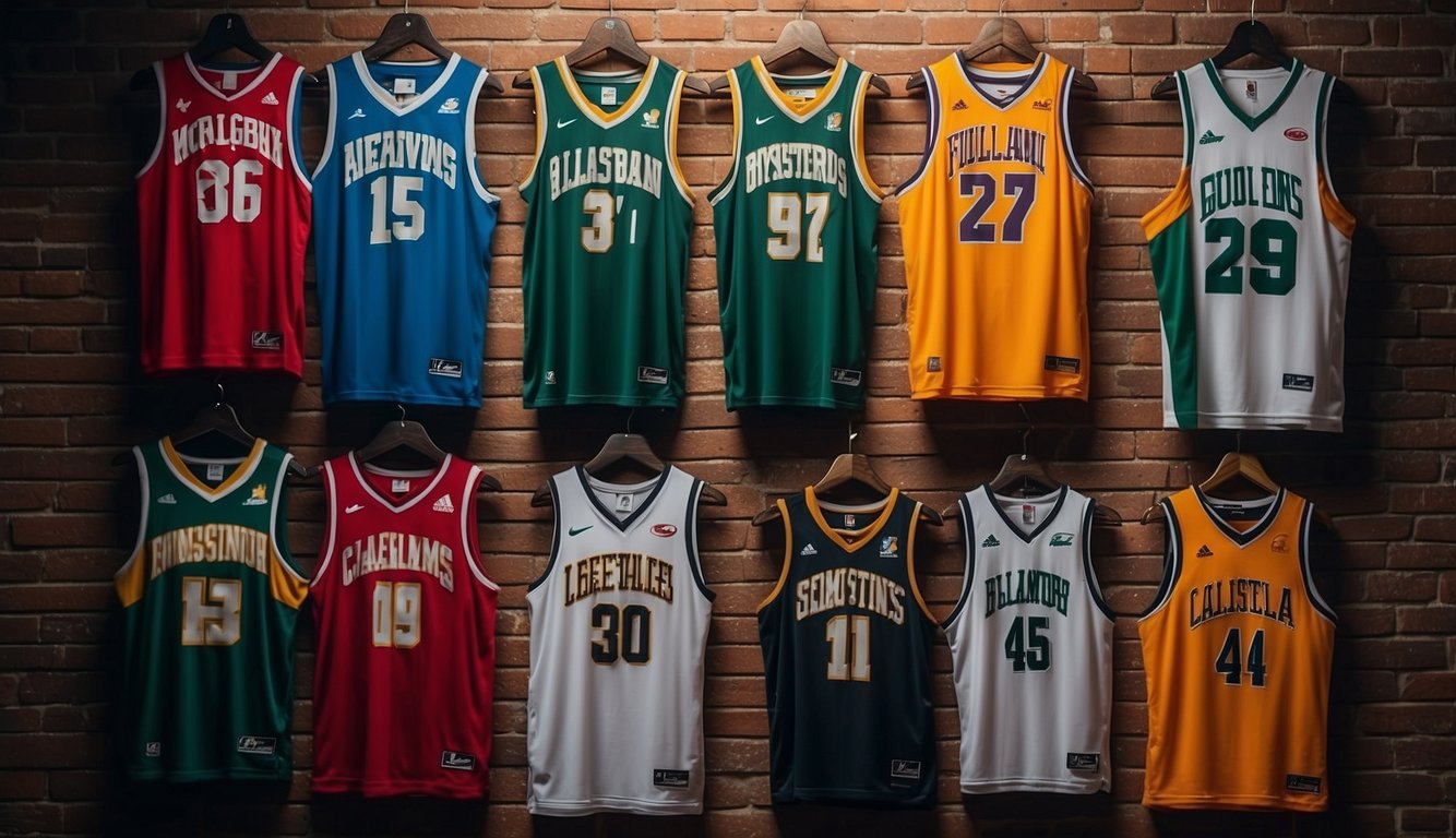 A basketball jersey size chart displayed on a wall with various sizes and measurements clearly labeled