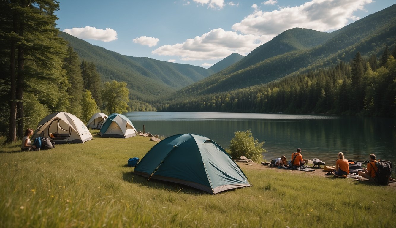 Campers setting up tents near a tranquil lake, surrounded by lush greenery and towering mountains at Leasburg Dam State Park