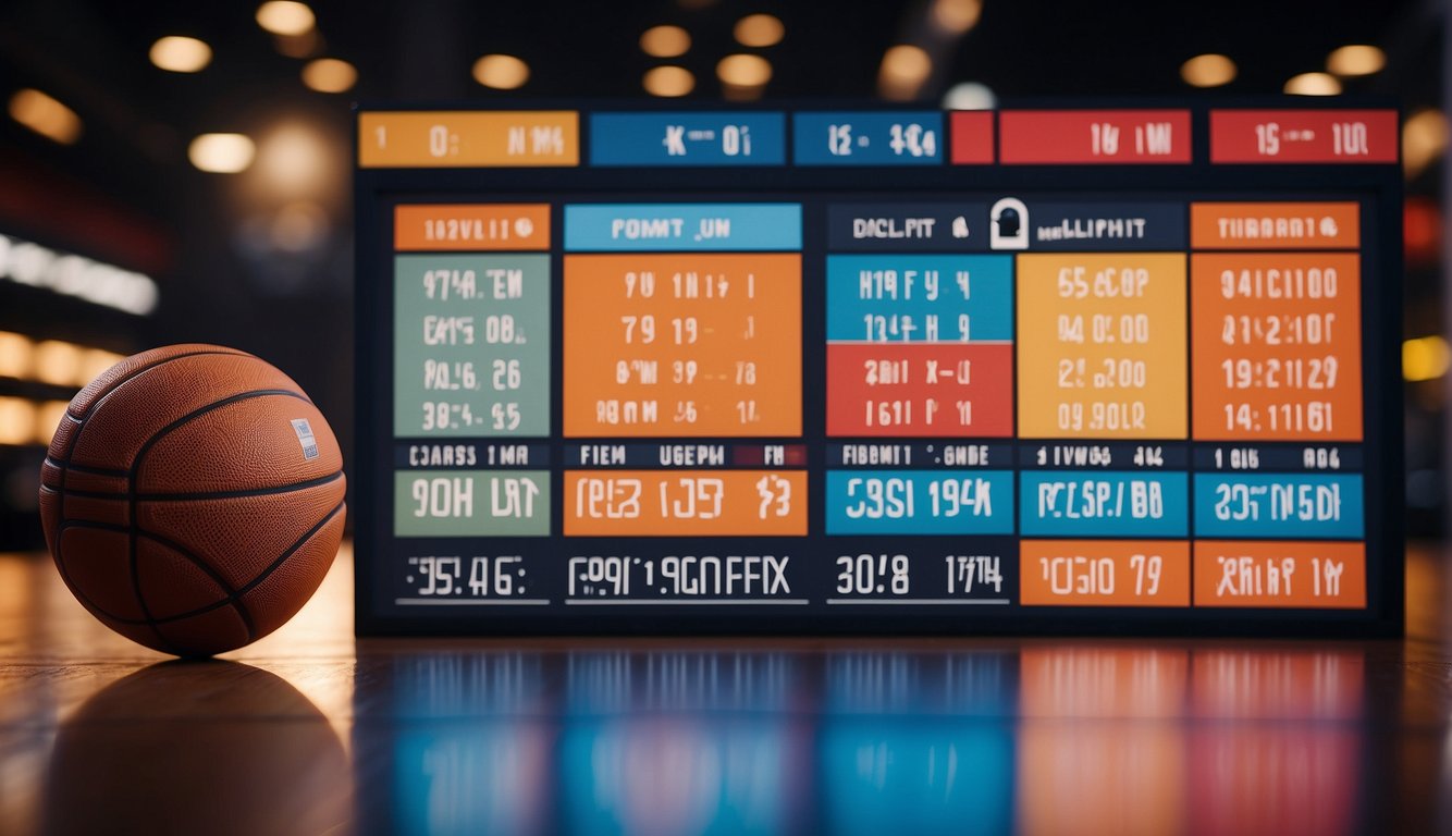 A basketball jersey size chart with various options and measurements displayed on a colorful background