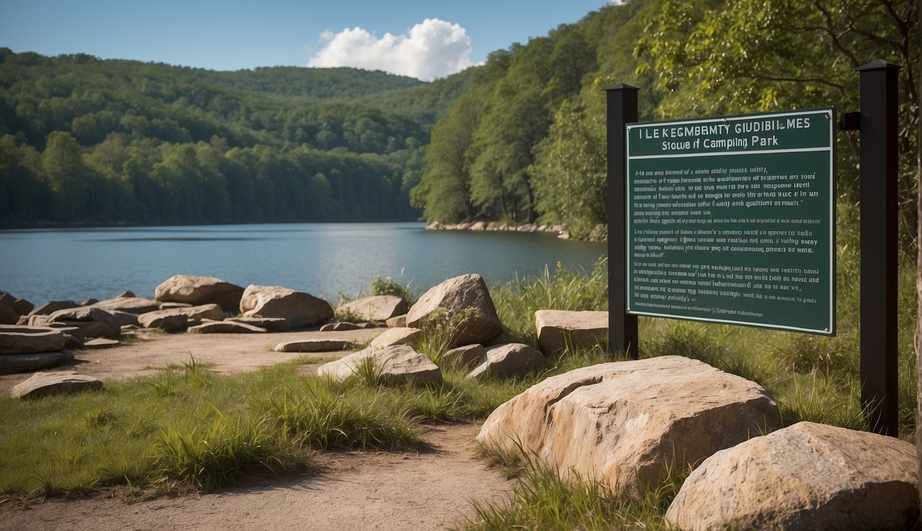 The sign at the entrance of Leasburg Dam State Park displays park regulations and safety guidelines for camping