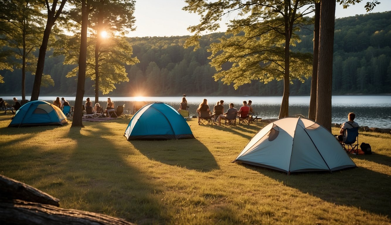 Camping at Leasburg Dam State Park: tents pitched, campfire burning, families enjoying nature, seasonal events and programs in full swing