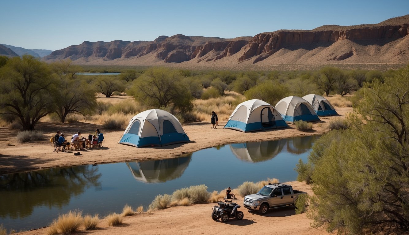 Campers setting up tents near the tranquil waters of Leasburg Dam State Park, surrounded by desert landscape and clear blue skies