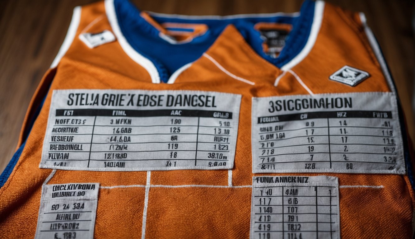 A basketball jersey size chart with various measurements and corresponding sizes displayed clearly