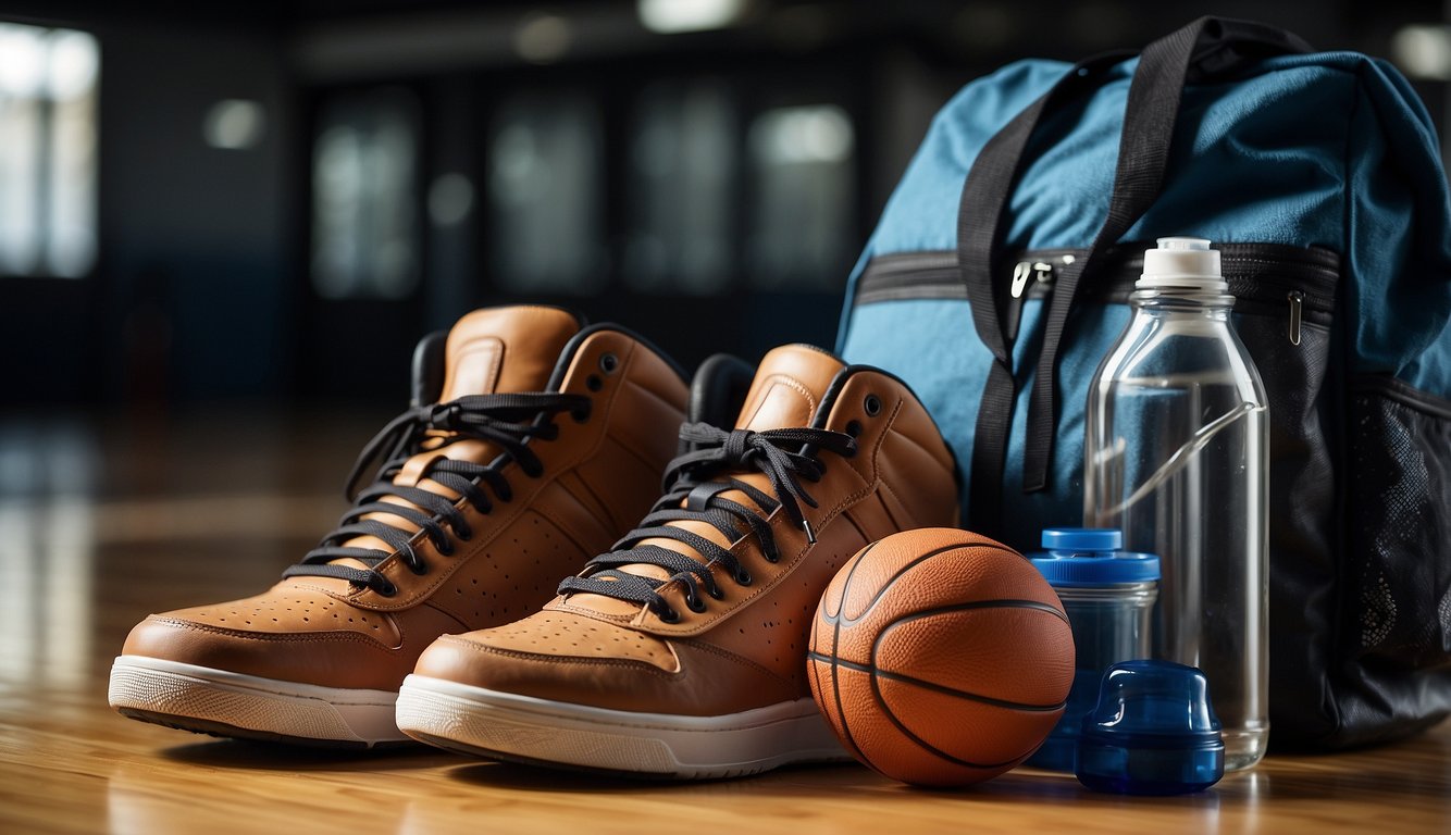 Basketball shoes, water bottle, basketball, towel, and a gym bag with extra clothes