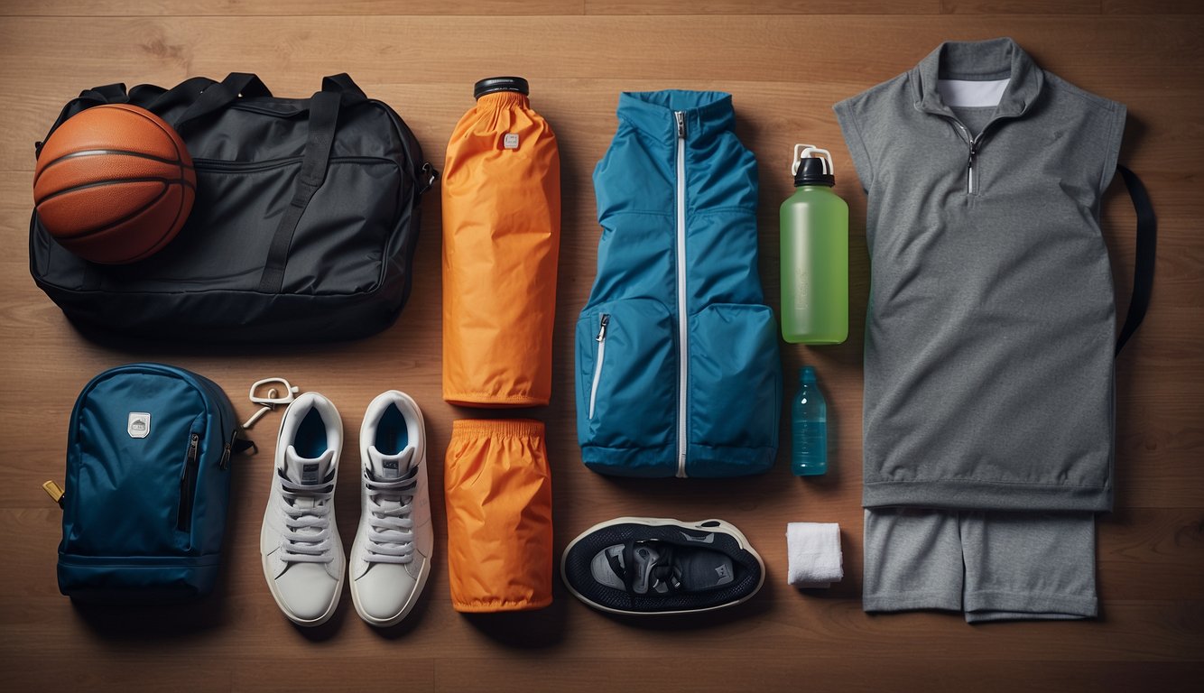 Basketball gear laid out: jersey, shorts, socks, sneakers, water bottle, and basketball. Bag with towel, extra clothes, and first aid kit nearby