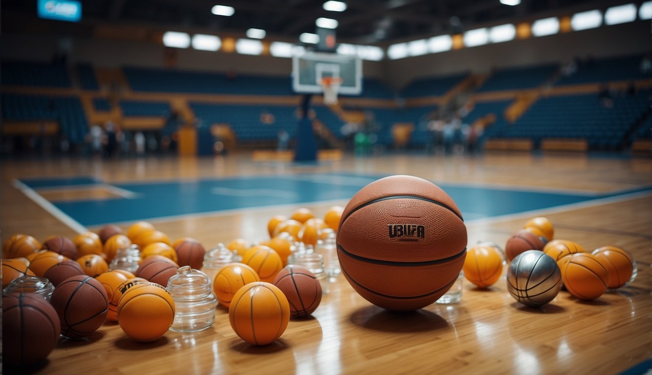 A basketball court with hoops, balls, cones, and water bottles