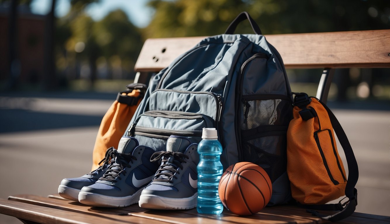 A basketball bag packed with water bottle, sneakers, jersey, shorts, and towel on a bench