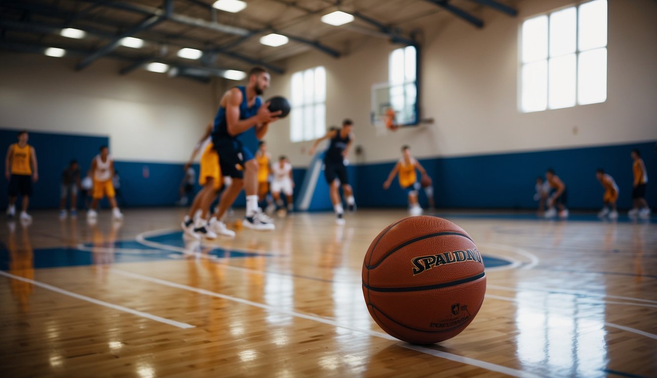 Basketball court with players practicing dribbling, shooting, and passing. Equipment includes basketballs, cones, and water bottles