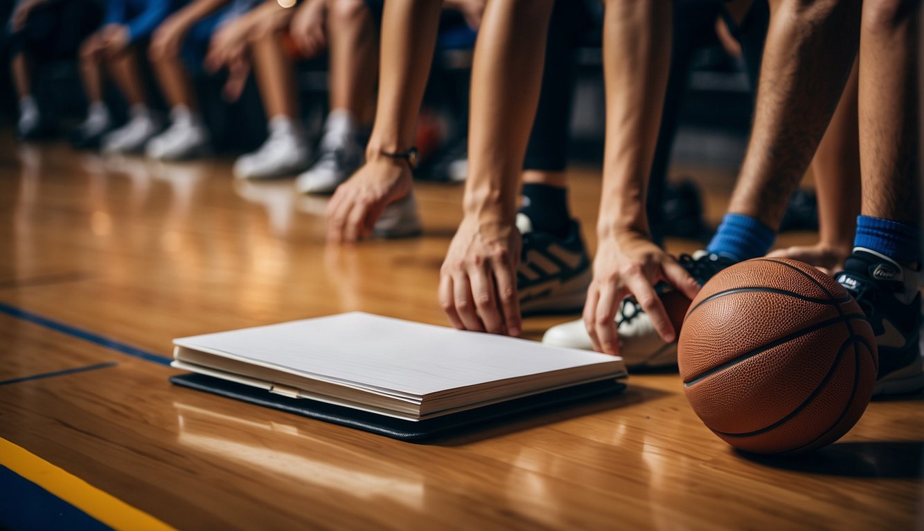 Players gather basketball, water bottles, and notebooks. Coach teaches game strategies on court