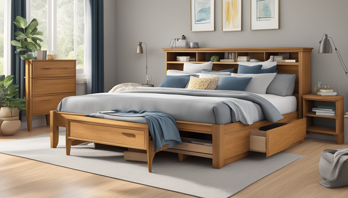 A king size bed frame with built-in storage drawers underneath