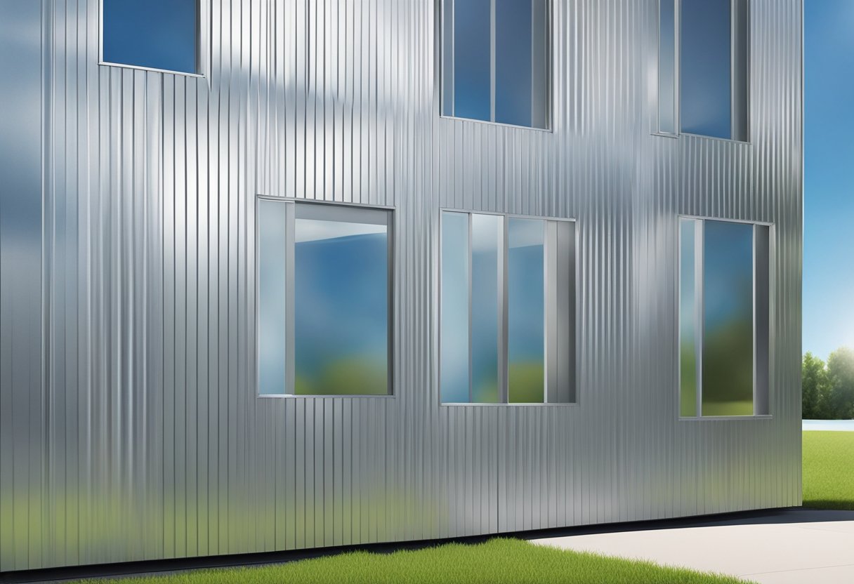 An aluminum siding panel gleams in the sunlight, reflecting the surrounding environment with its smooth and silvery surface