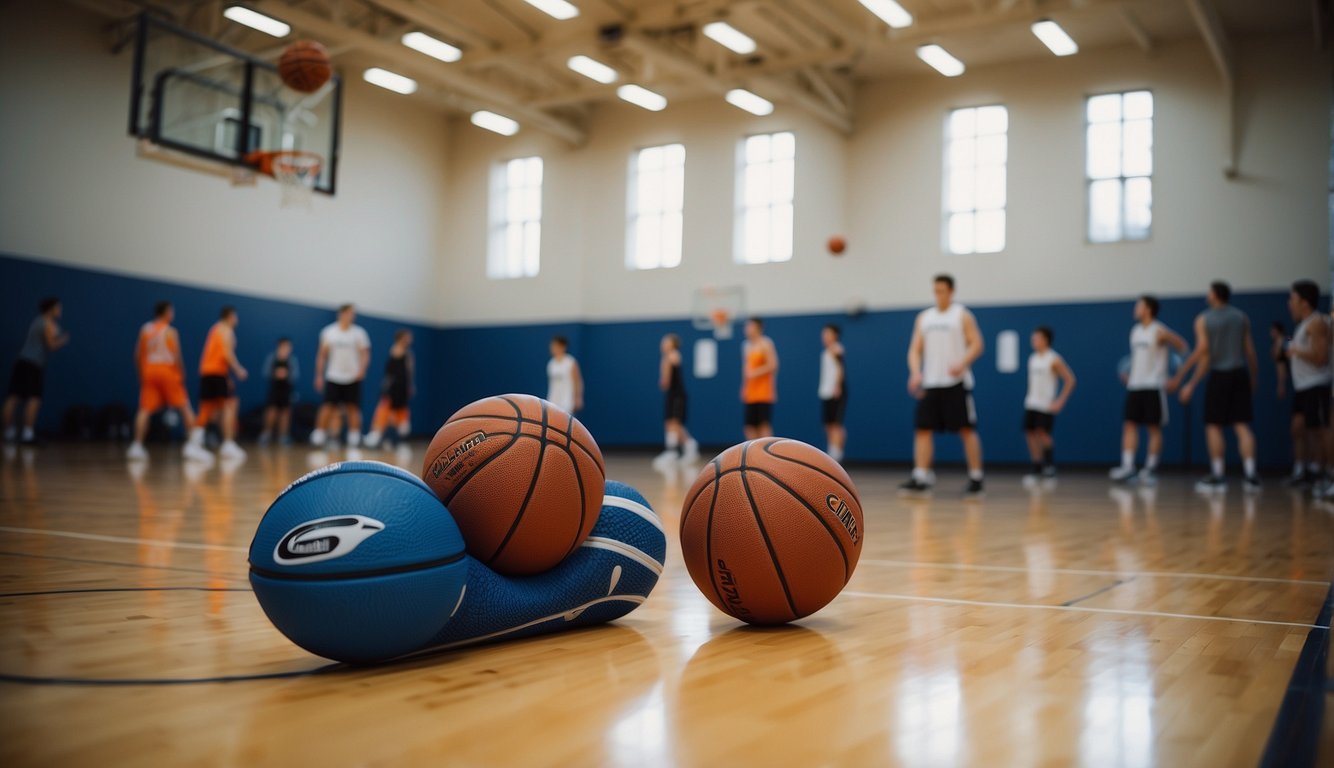 Players bring basketball, water bottle, sneakers, and jersey to practice. The coach sets up cones for drills on the court