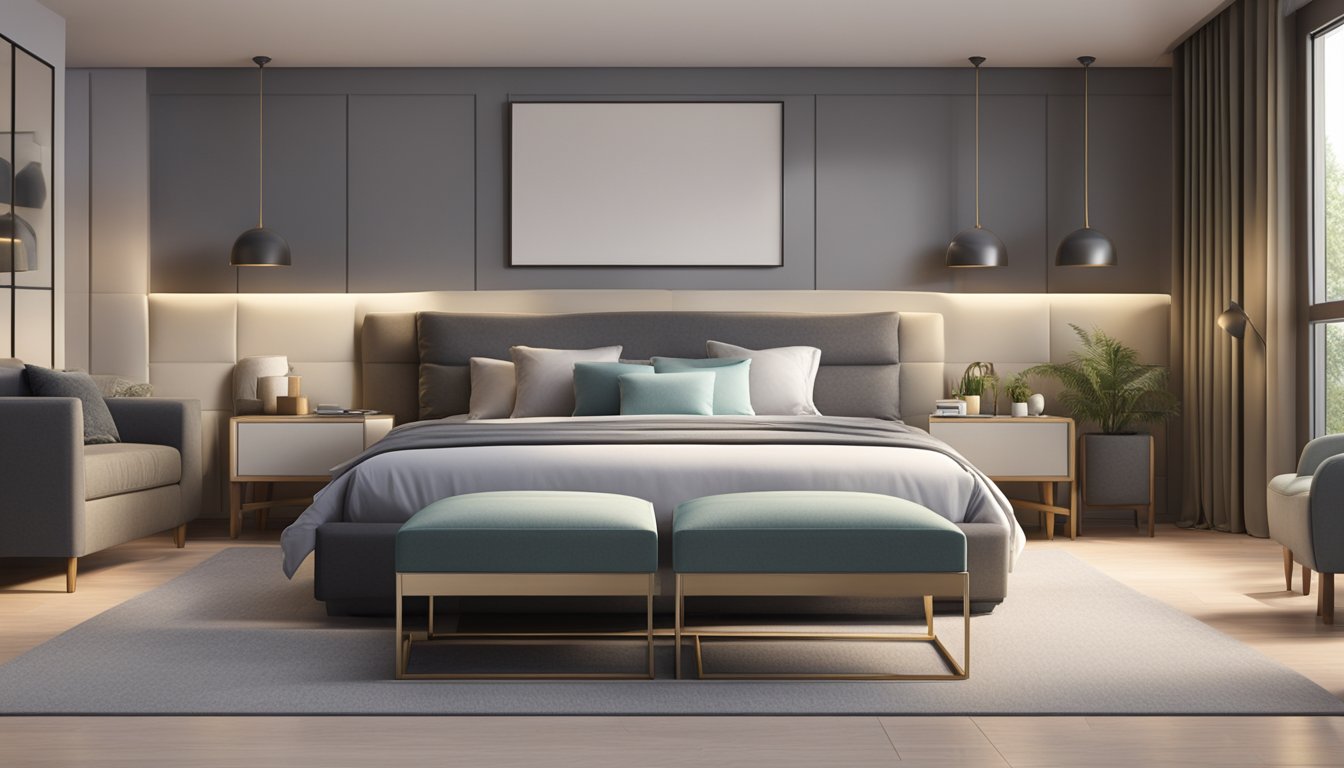 A king size bed frame with built-in storage stands in a spacious bedroom, surrounded by modern furniture and soft lighting