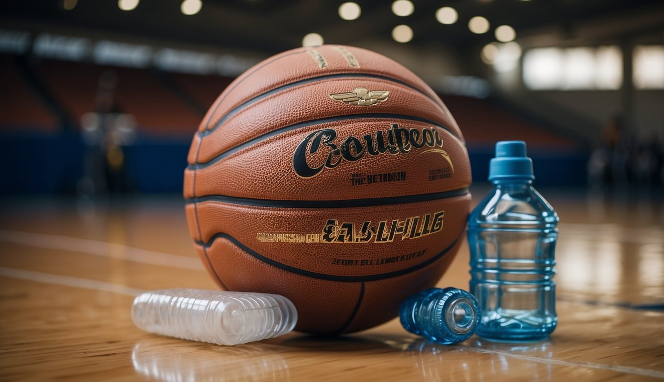 Basketball gear laid out, a basketball, water bottle, and a positive attitude. Teammates high-fiving, laughing, and encouraging each other