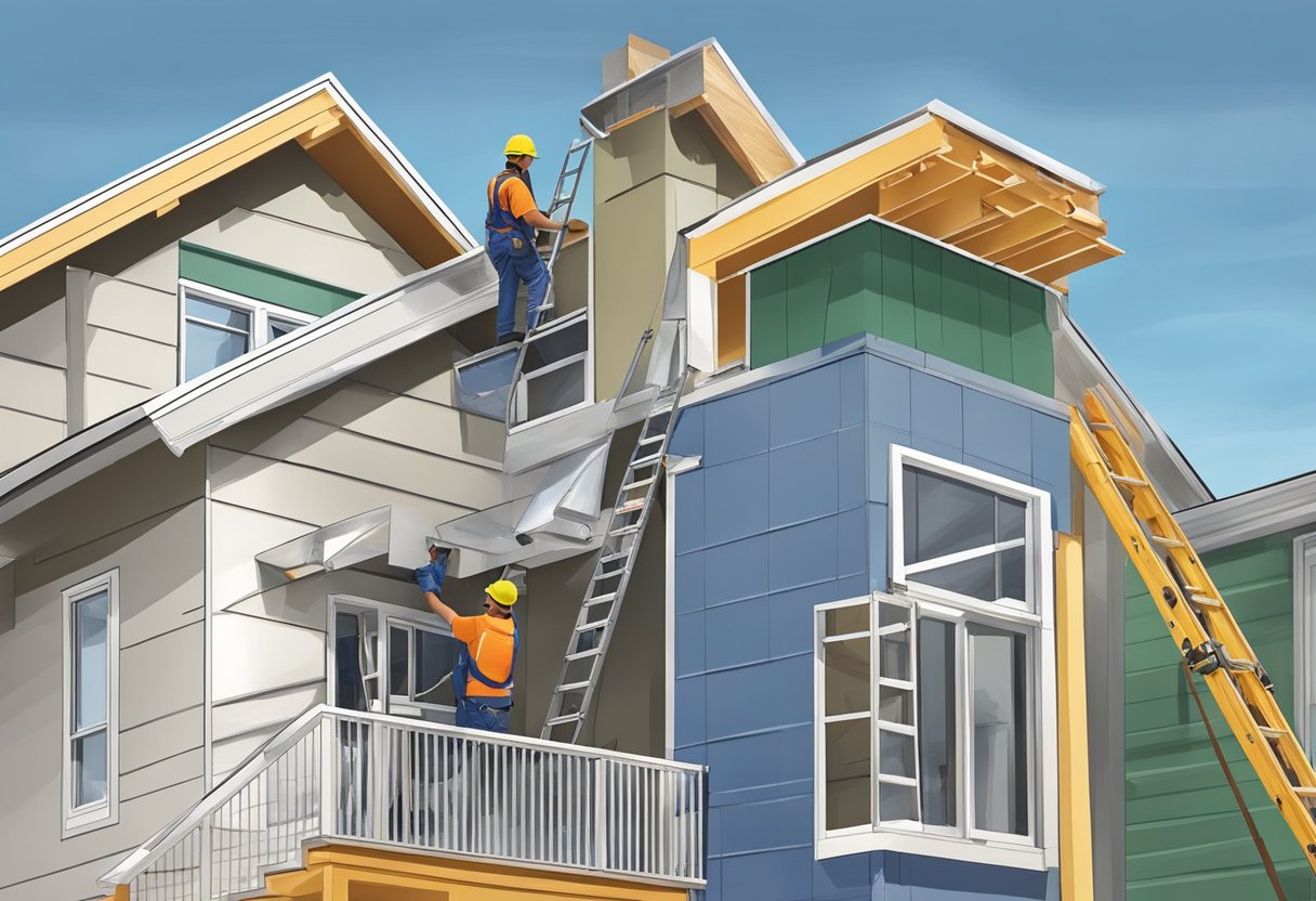 An aluminum panel siding is being installed on a house exterior by workers using power tools and ladders