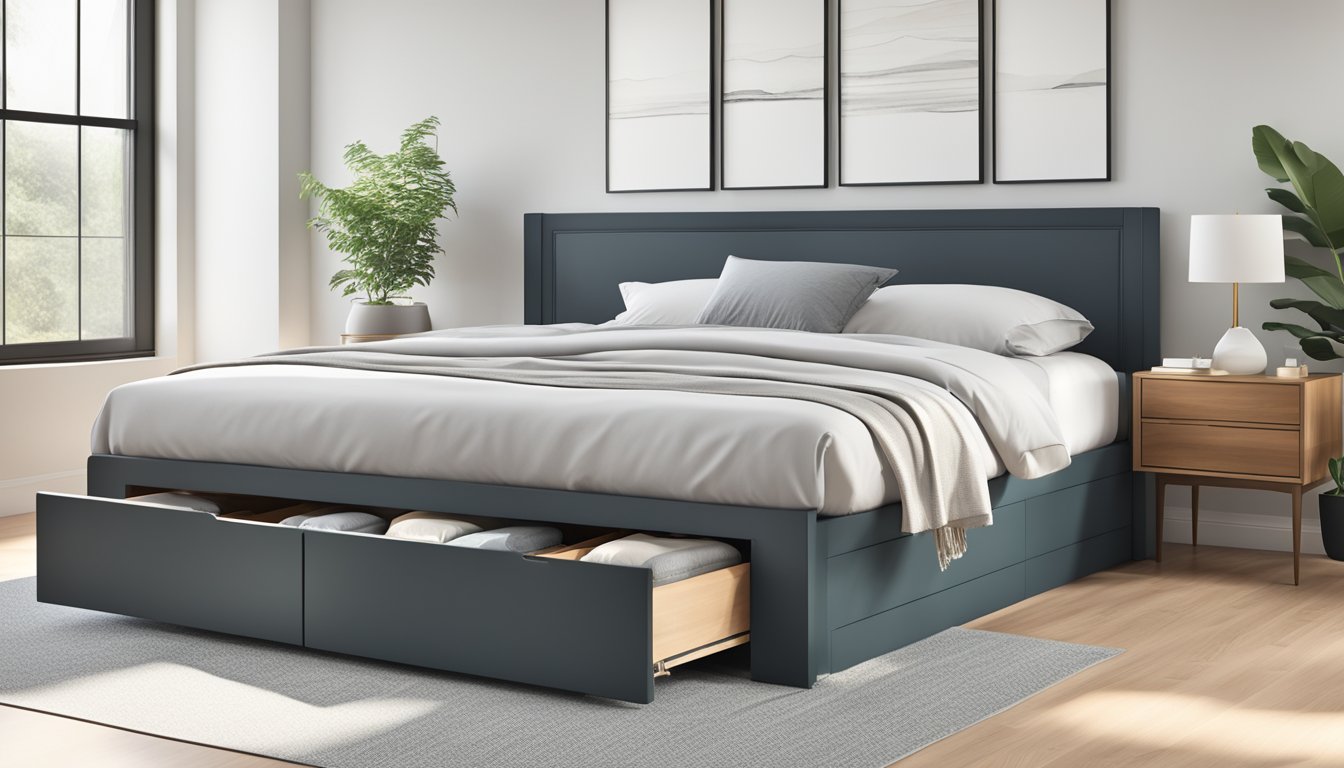 A spacious king size bed frame with built-in storage drawers sits in a well-lit bedroom, with clean, modern lines and a sleek, minimalist design
