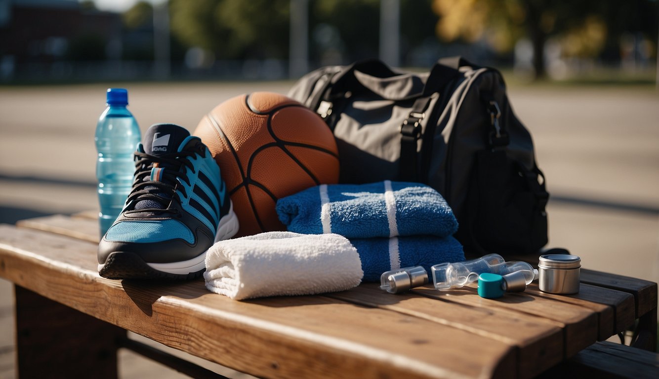 Basketball gear laid out on a bench: sneakers, water bottle, towel, and basketball. A bag with extra clothes and a first aid kit nearby